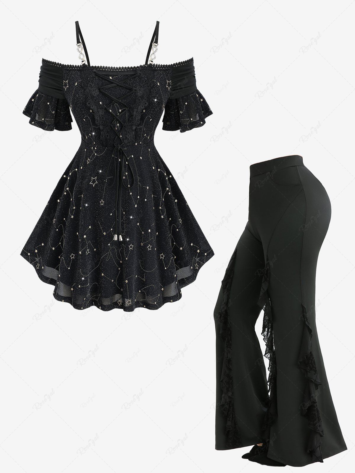 Fashion Star Stamping Lace Up Cold Shoulder Top and Spider Web Flocking Flare Pants Plus Size Outfit  