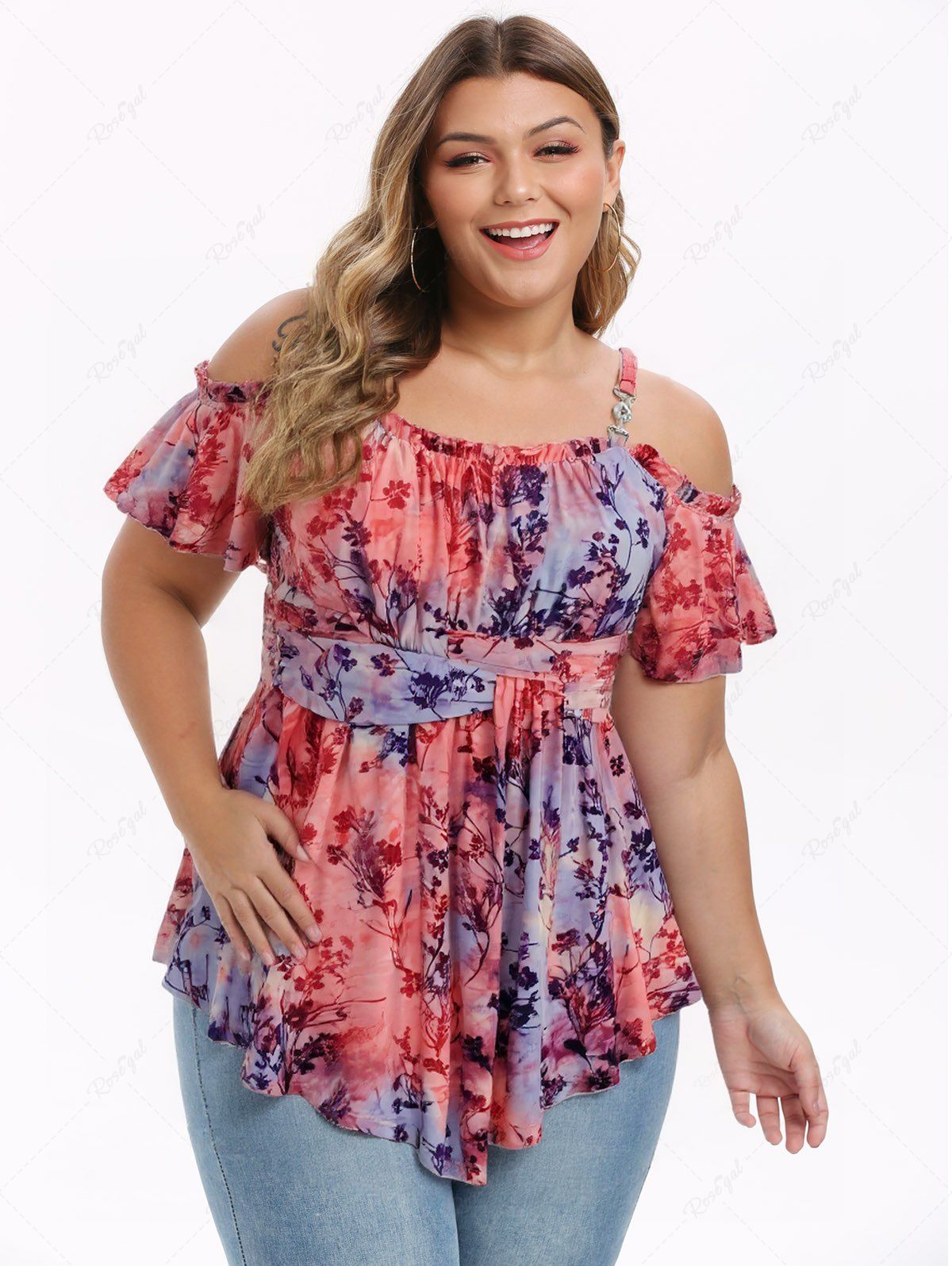 T-shirt grande taille à imprimé tie-dye et fleurs, en maille floquée, à volants, froncé, torsadé, épaules dénudées Multi-F 4X | US 26-28