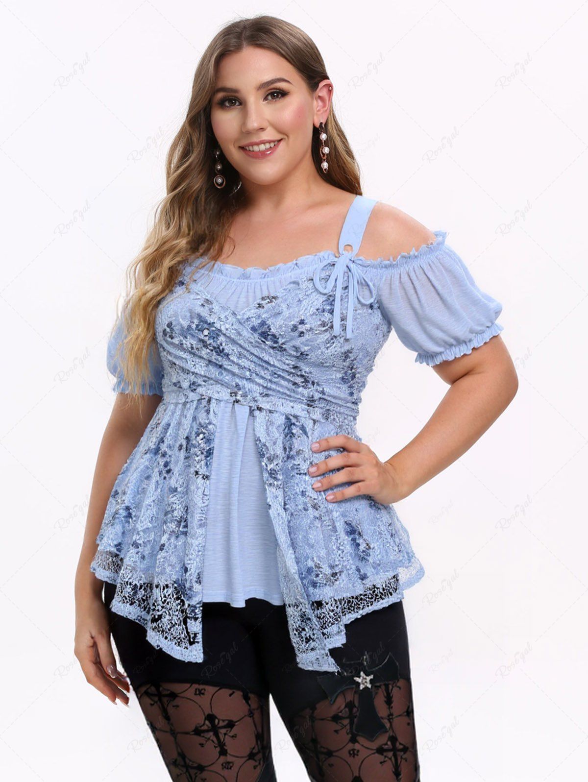 Outfits Plus Size Cold Shoulder Puff Sleeves Gilding Rose Flower Lace Overlay Layered Crossover Top  