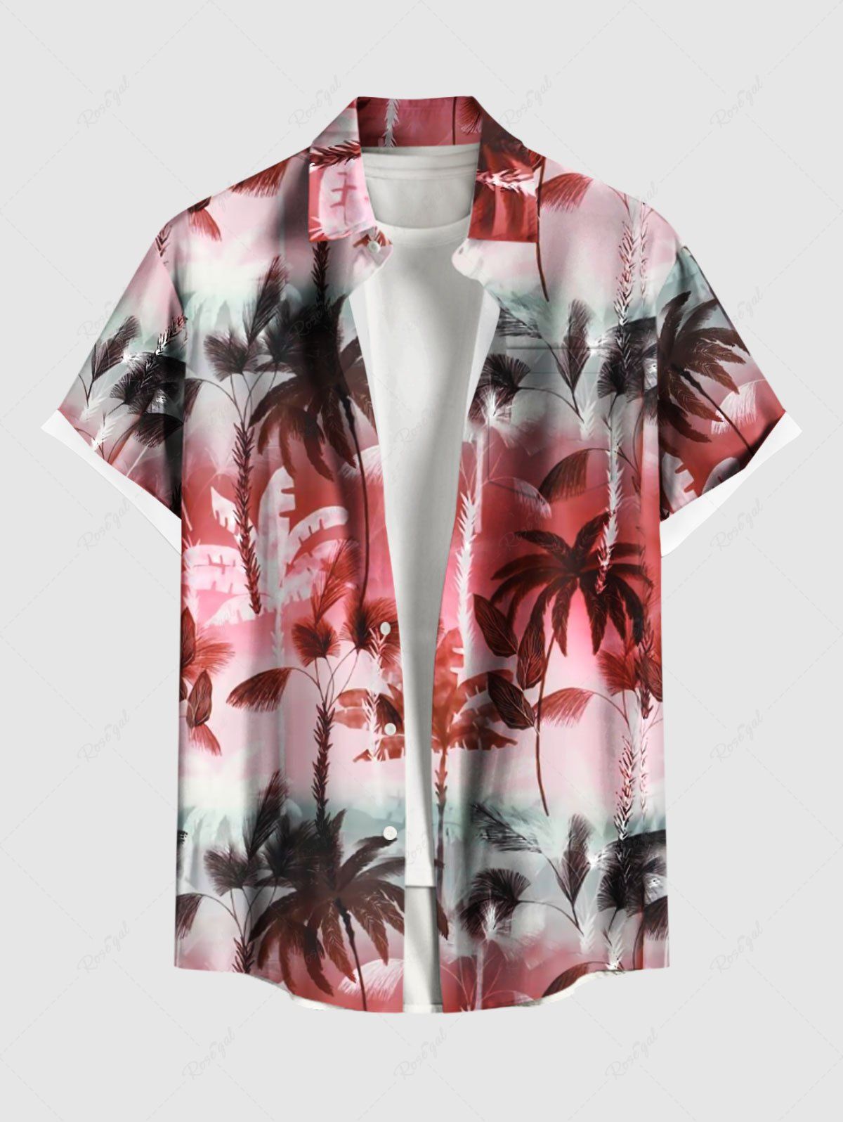 Chemise hawaïenne grande taille à imprimé cocotiers ombré et colorblock, boutons et poches, pour homme Rouge 5XL