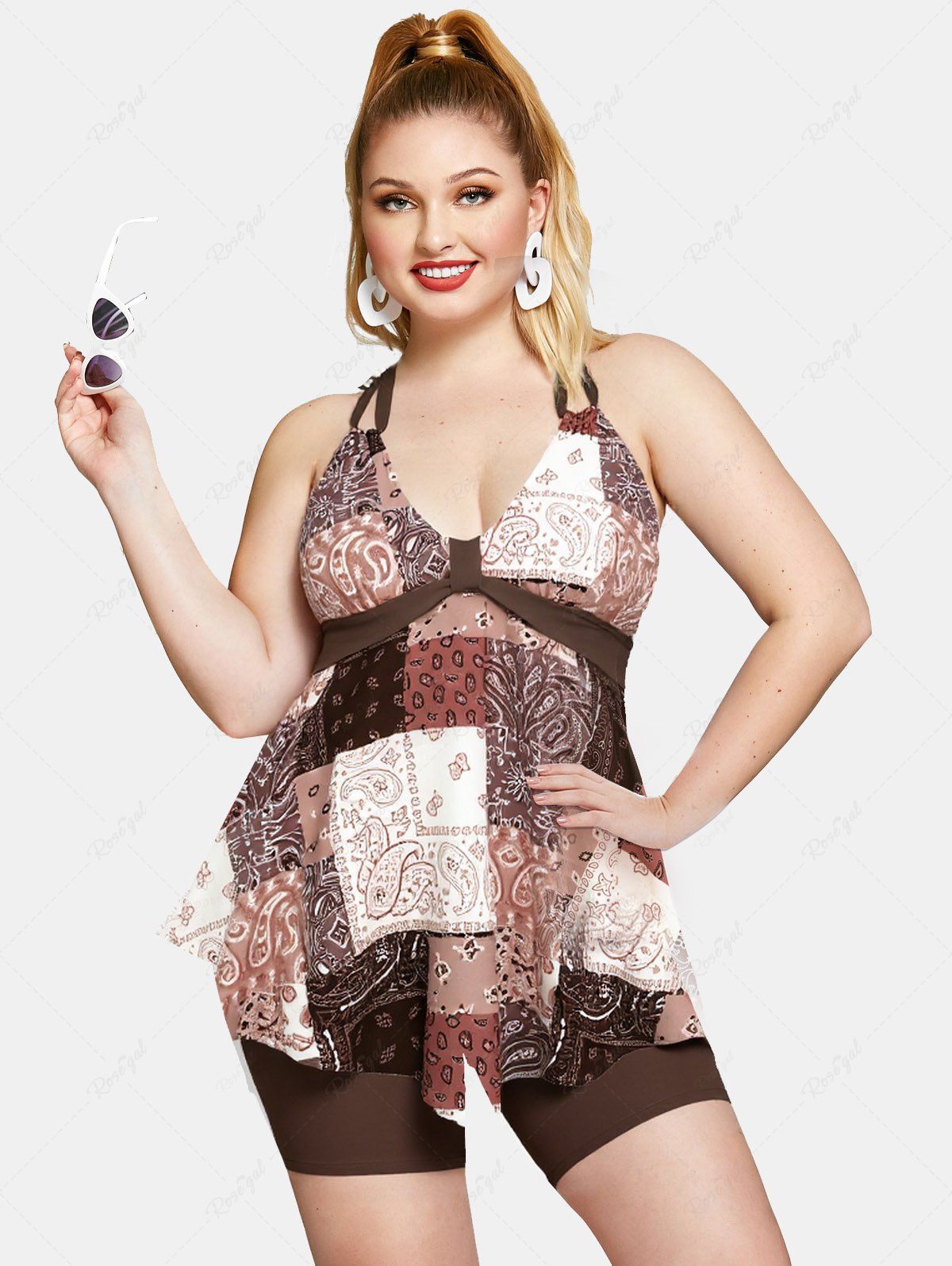 Sale Plus Size Retro Vintage Floral Paisley Plaid Printed Halter Backless Boyleg Tankini Swimsuit  