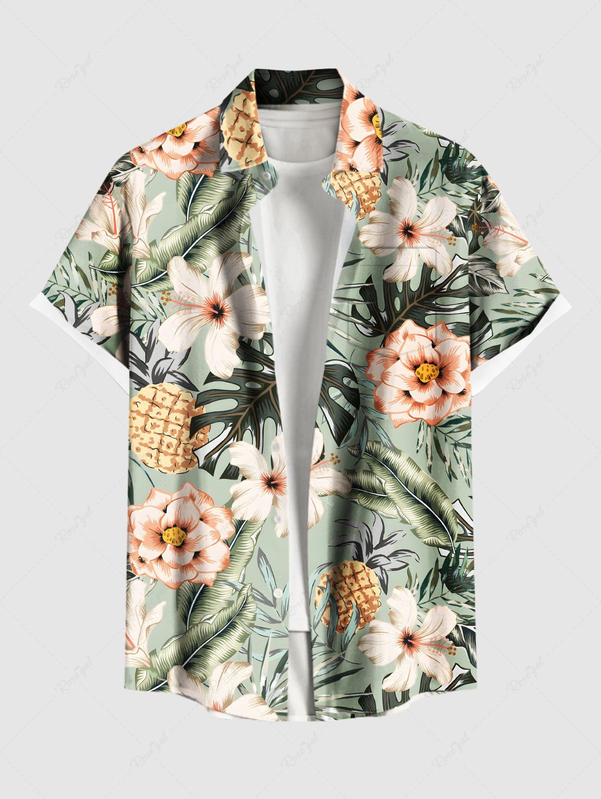 Shops Plus Size Pineapple Hibiscus Flower Tropical Leaf Print Buttons Pocket Hawaii Shirt For Men  
