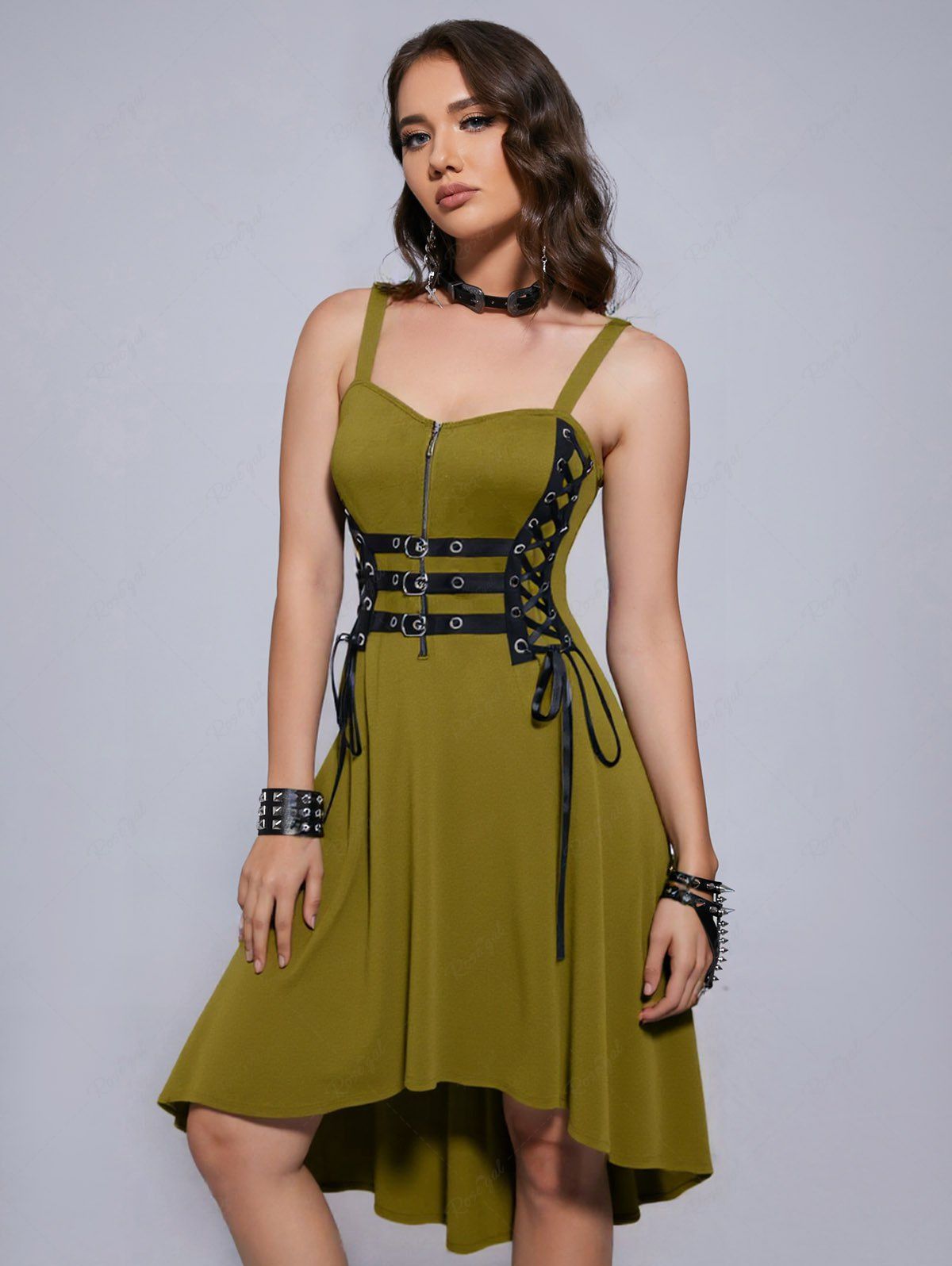 Hot Plus Size Grommets Lace Up Buckles Zipper High Low Midi Dress  