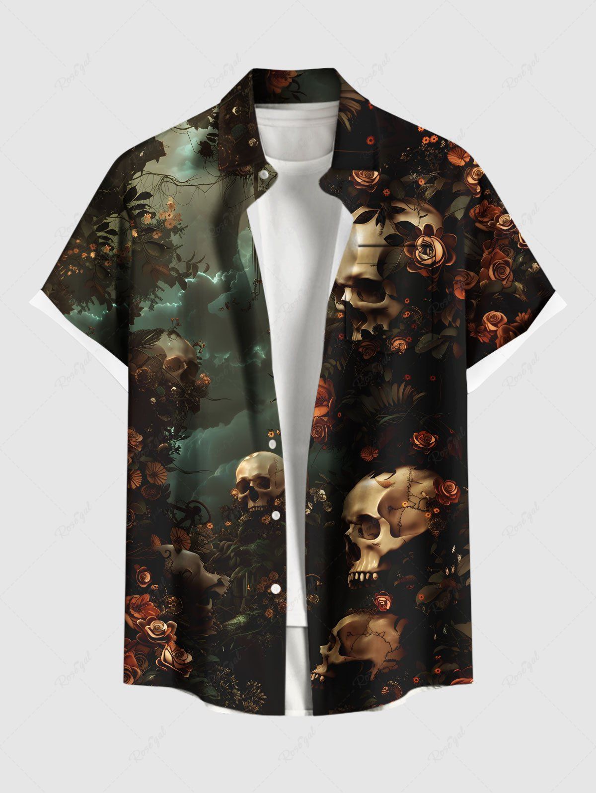 Chemise hawaïenne grande taille à boutons et poches pour homme, motif tête de mort, rose, fleur, nuage Vert profond L