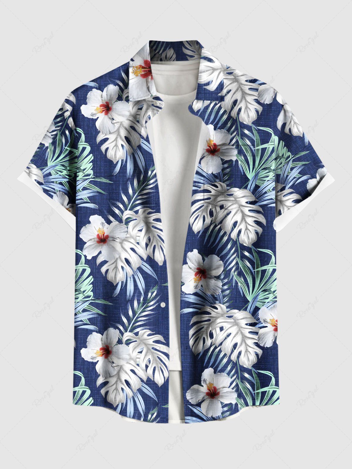Outfits Plus Size Hibiscus Flowers Tropical Leaf Print Buttons Pocket Hawaii Shirt For Men  