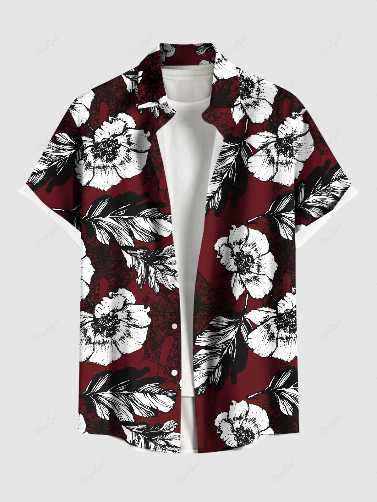 Chemise hawaïenne grande taille à imprimé fleurs et feuilles, avec poches et boutons, pour homme Rouge foncé M