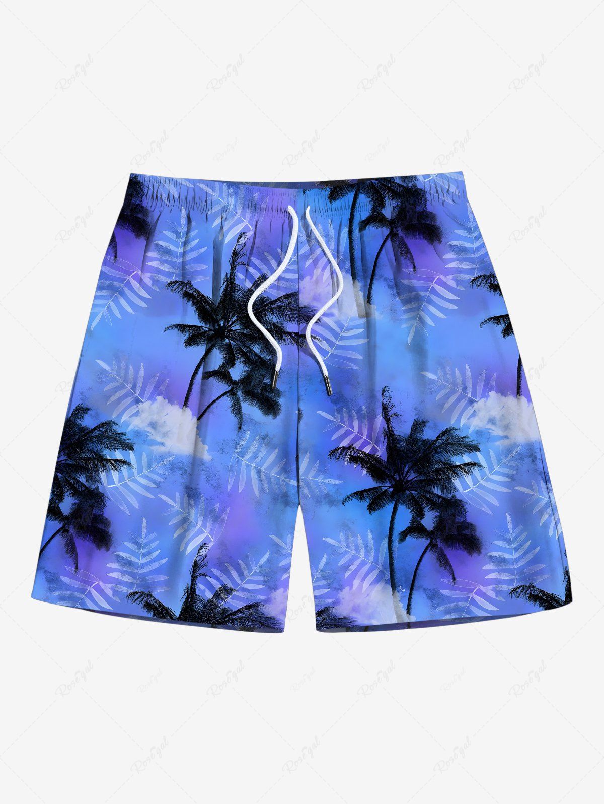 Trendy Plus Size Coconut Tree Tropical Leaf Tie Dye Ombre Sky Print Hawaii Drawstring Beach Shorts For Men  