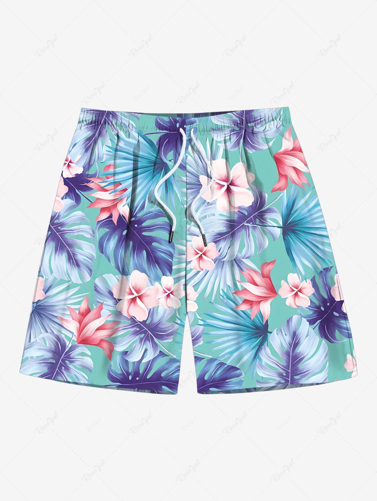 Discount Plus Size Tropical Leaf Hibiscus Flower Print Hawaii Drawstring Beach Shorts For Men  