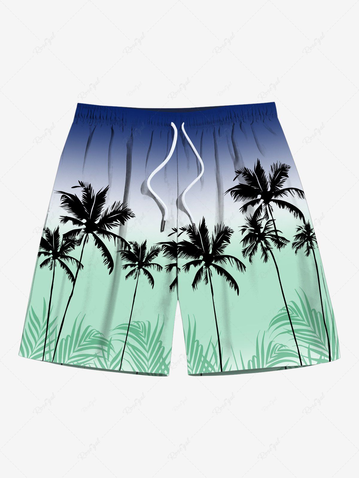 Hot Plus Size Coconut Tree Tropical Leaf Ombre Colorblock Print Hawaii Beach Shorts For Men  