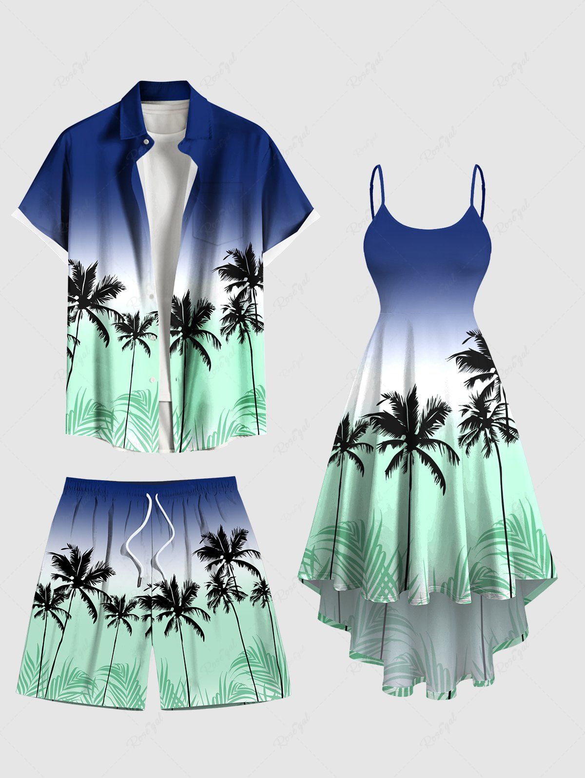 Fancy Coconut Tree Ombre Colorblock Print Plus Size Matching Hawaii Beach Outfit For Couples  