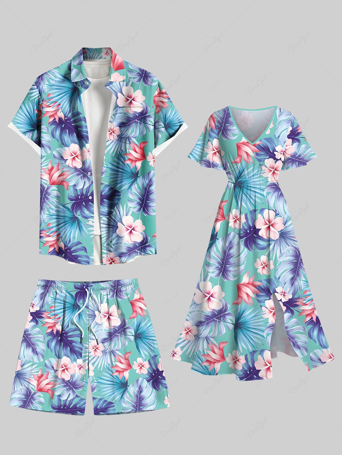 Outfits Tropical Leaf Hibiscus Flower Print Plus Size Matching Hawaii Beach Outfit For Couples  