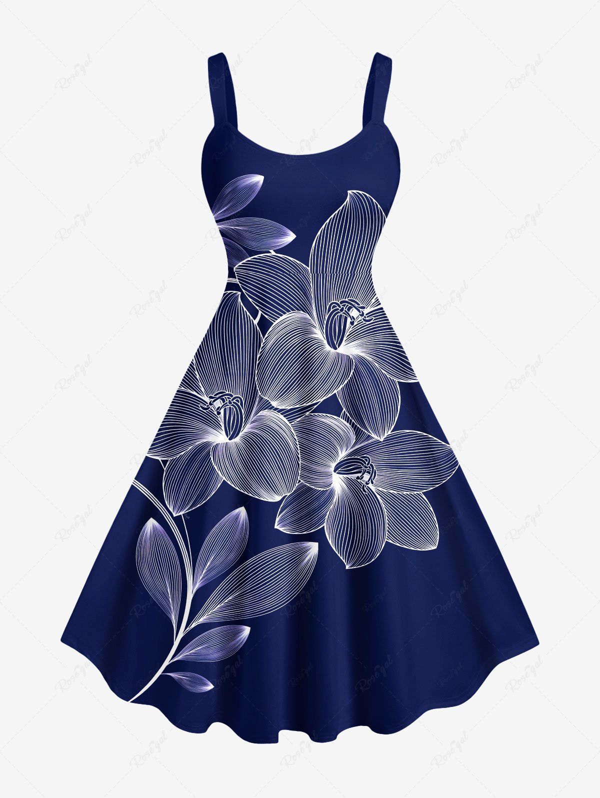 Sale Plus Size Flower Print Hawaii A Line Tank Dress  