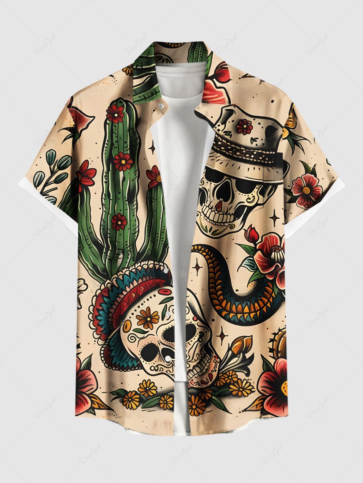 New Plus Size Skull Flower Snake Cactus Print Hawaii Western Cowboy Style Shirt For Men  