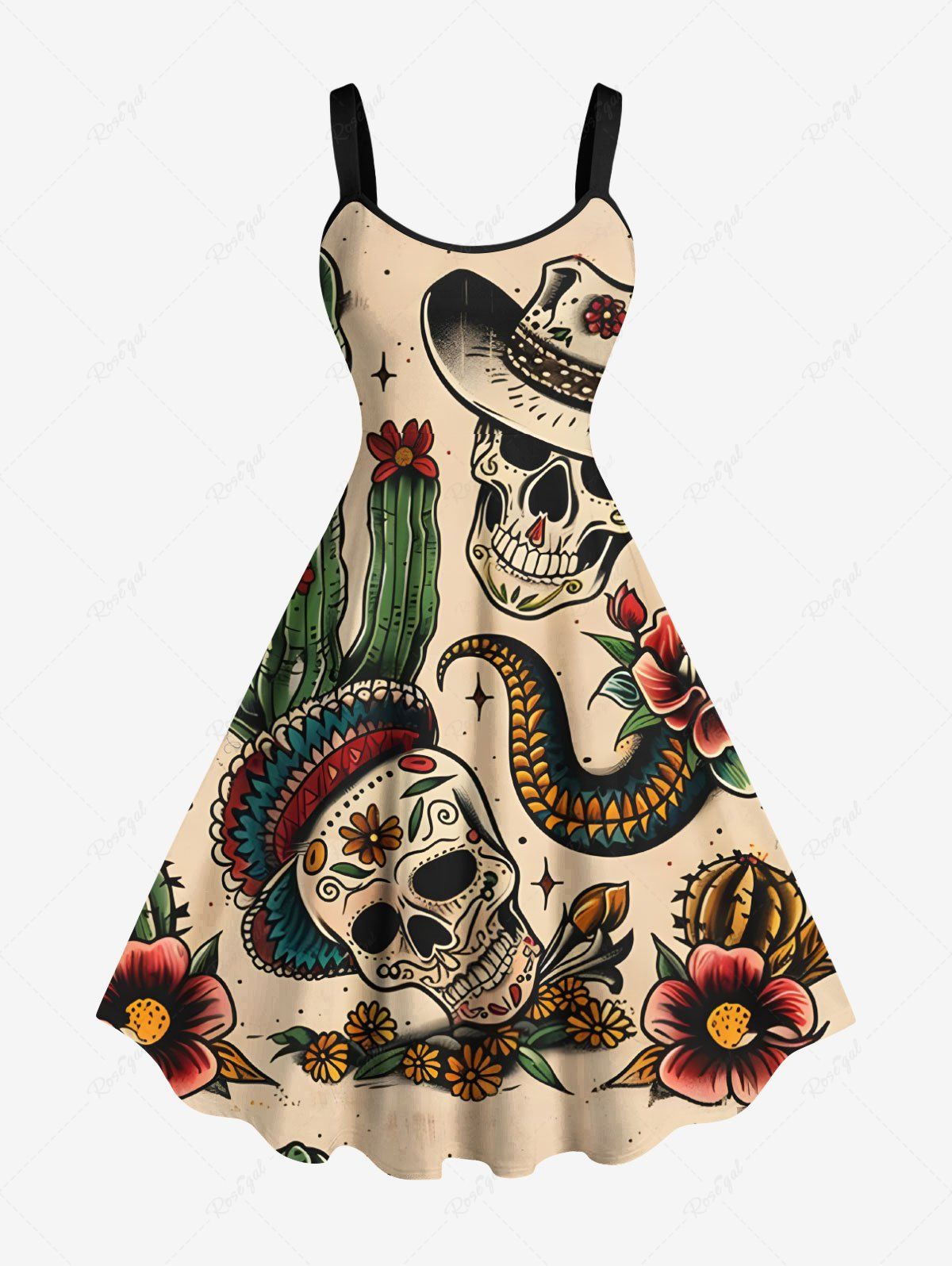 Robe débardeur trapèze grande taille à imprimé tête de mort, fleur, serpent, cactus, style cowboy western hawaïen café lumière 6X