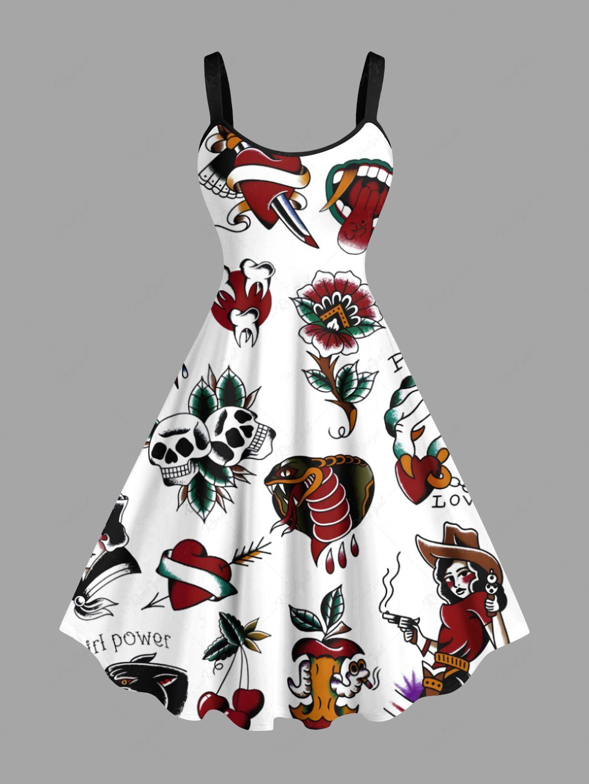 Robe débardeur trapèze grande taille à imprimé tête de mort, fleur, cœur, serpent et cerises Blanc XXS