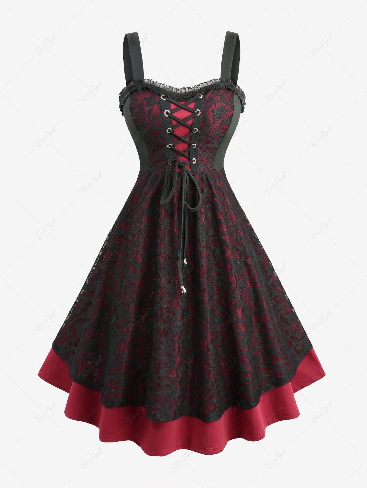 Trendy Gothic Plus Size Floral Jacquard Lace-up Grommets Lace Trim Ruffles Tank Dress  