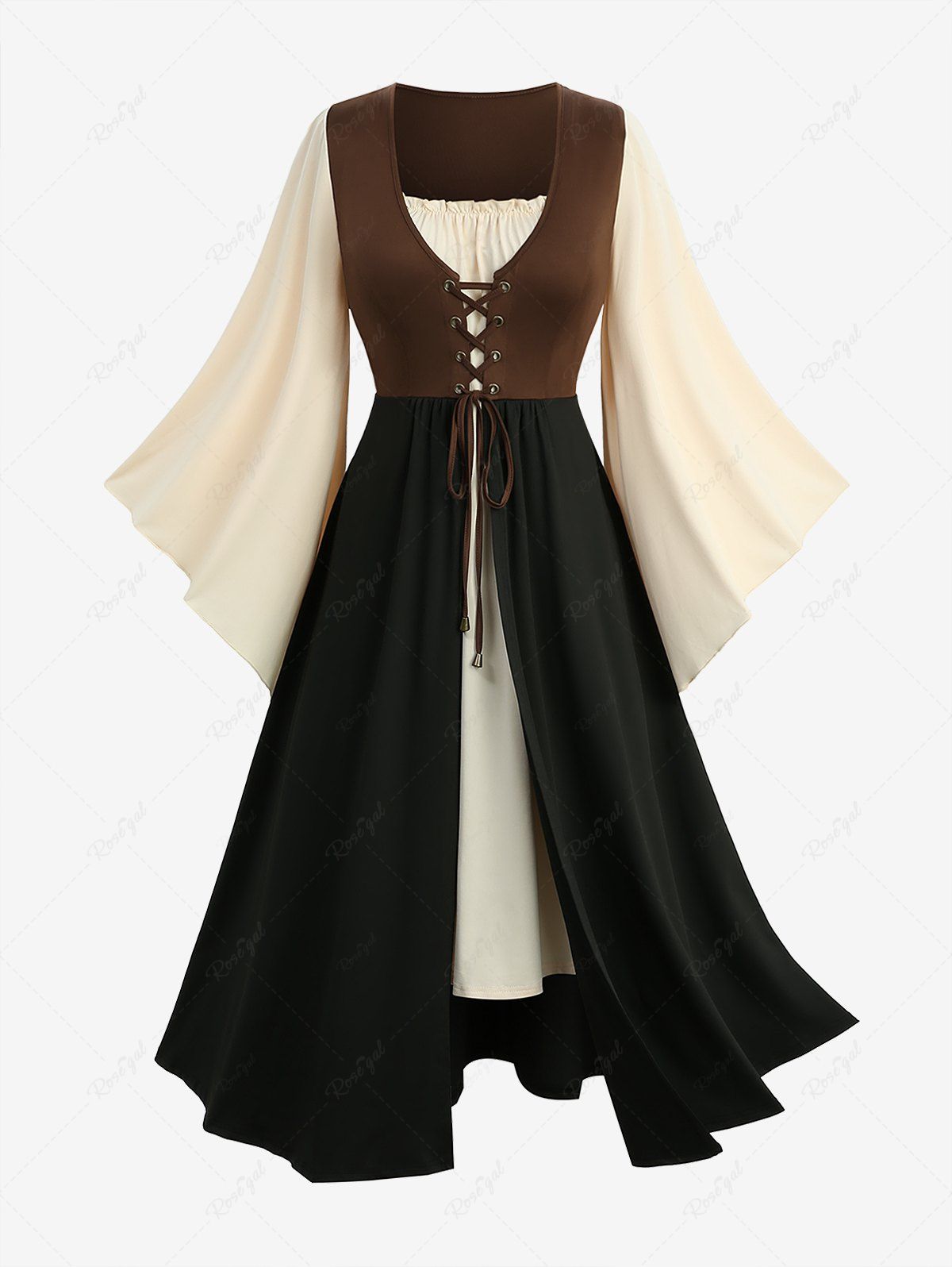 Trendy Plus Size Renaissance Colorblock Patchwork Lace Up Flare Sleeves 2 in 1 Vintage Dress  