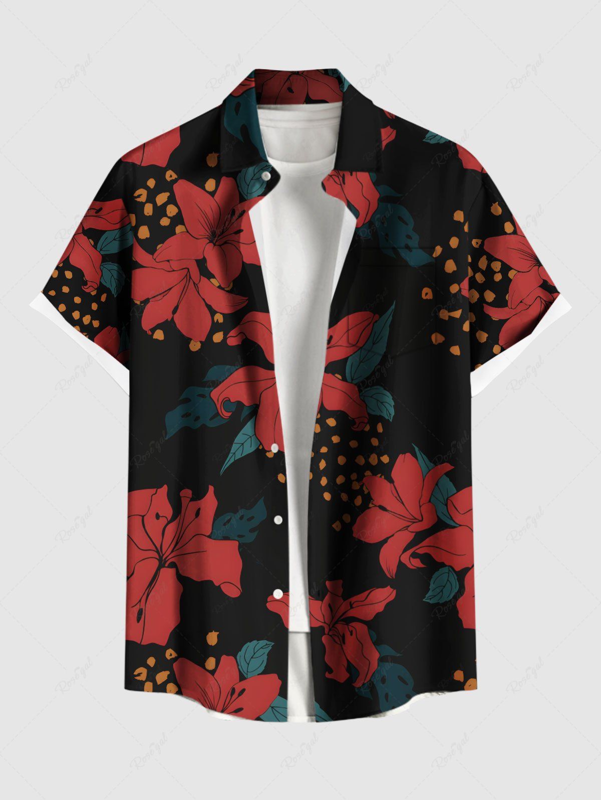 Shop Plus Size Flower Leaf Spotted Print Hawaii Button Pocket Shirt For Men  