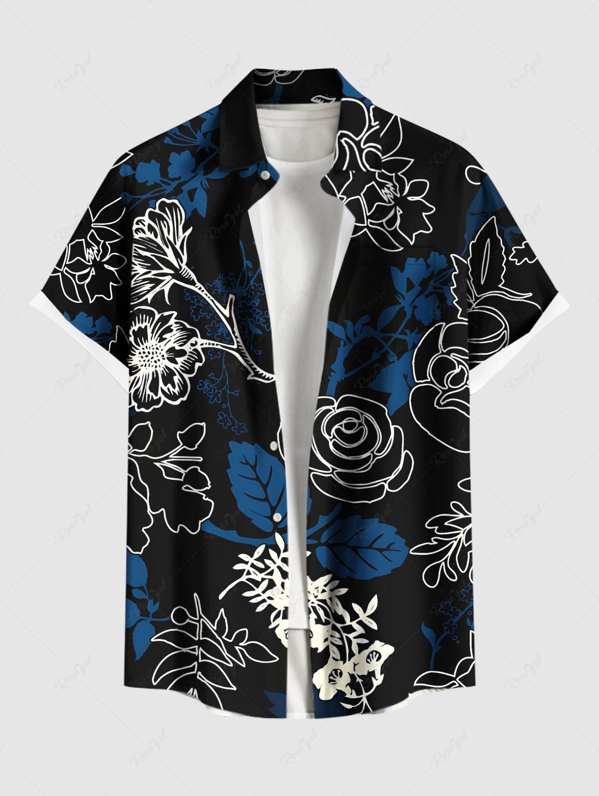 Fancy Plus Size Tropical Leaf Flower Print Hawaii Button Pocket Shirt For Men  