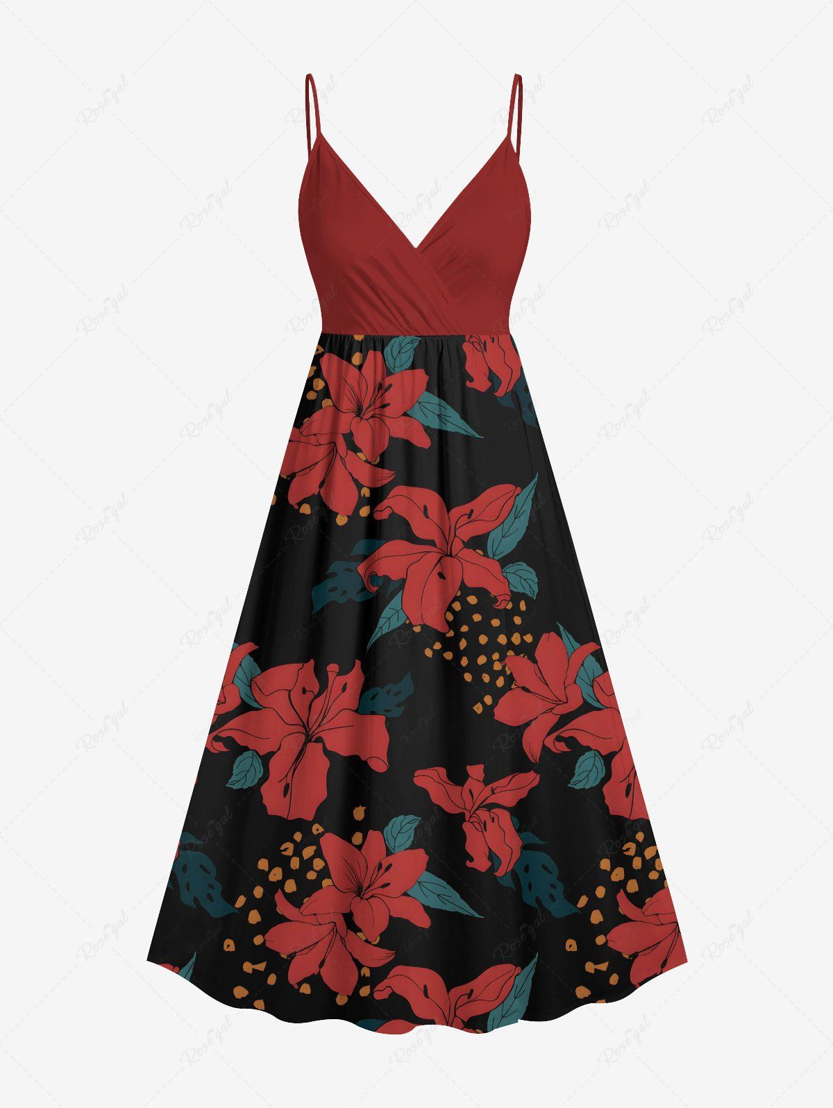 Robe caraco trapèze à imprimé fleuri et feuilles à pois, grande taille, style hawaïen Rouge XXS