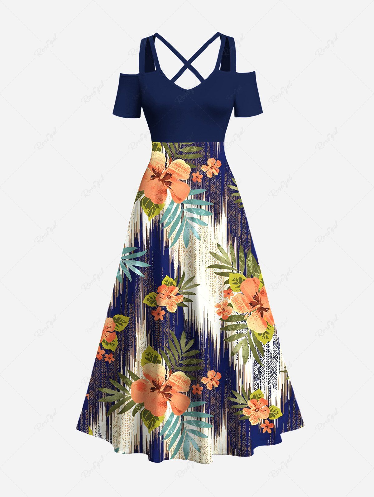 Robe longue trapèze croisée à épaules dénudées et imprimé ethnique hawaïen, grande taille, motif feuilles tropicales et fleurs d'hibiscus Noir 6X