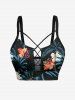 Ensemble tankini à lacets et bas de bain grande taille à imprimé feuilles tropicales et fleurs d'hibiscus hawaïen - Noir 