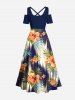 Robe longue trapèze croisée à épaules dénudées et imprimé ethnique hawaïen, grande taille, motif feuilles tropicales et fleurs d'hibiscus - Bleu profond 6X