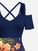 Robe longue trapèze croisée à épaules dénudées et imprimé ethnique hawaïen, grande taille, motif feuilles tropicales et fleurs d'hibiscus - Bleu profond XXS