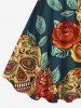 Robe débardeur trapèze hawaïenne grande taille à imprimé tête de mort, fleur et feuilles - Vert profond 6X