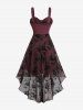 Gothic Plus Size Lily Flowers Flocking Lace Trim Ruched Asymmetrical Tank Dress -  