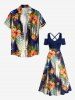 Robe longue trapèze croisée à épaules dénudées et imprimé ethnique hawaïen, grande taille, motif feuilles tropicales et fleurs d'hibiscus - Noir 6X
