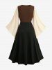 Plus Size Renaissance Colorblock Patchwork Lace Up Flare Sleeves 2 in 1 Vintage Dress -  