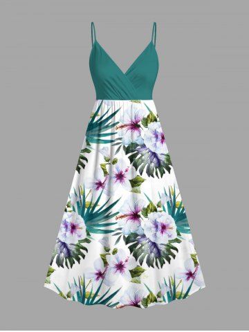 Plus Size Flowers Tropical Leaf Print Surplice Hawaii Cami Dress - GREEN - 4X