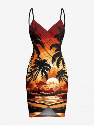 Plus Size Coconut Tree Sun Seascape Print Convertible Beach Cover - DARK ORANGE - XS