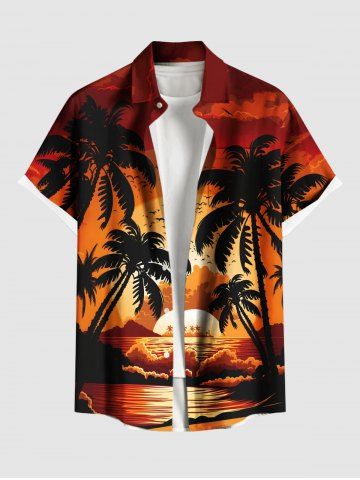 Plus Size Coconut Tree Sun Seascape Print Buttons Pocket Hawaii Shirt For Men - DARK ORANGE - 6XL