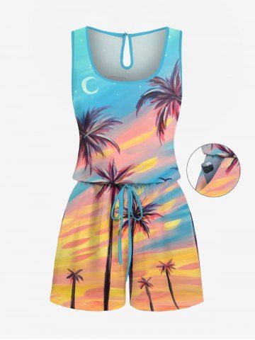 Plus Size Coconut Tree Colorful Sky Moon Star Print Cinched Hawaii Romper - LIGHT BLUE - 4X