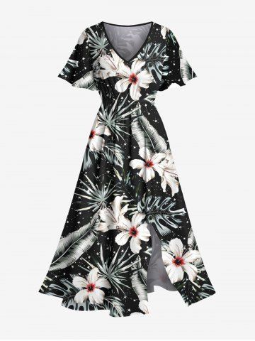 Plus Size Flowers Tropical Leaf Print Split Hawaii Midi Dress - BLACK - XXS