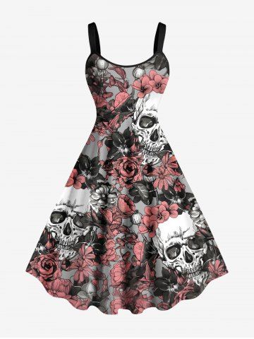 Plus Size Halloween Costume Skulls Rose Flowers Print Tank Dress - DARK GRAY - 2X