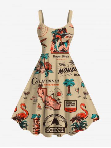 Plus Size Coconut Tree Hibiscus Flowers Flamingo Print Hawaii Tank Dress - LIGHT COFFEE - 3X