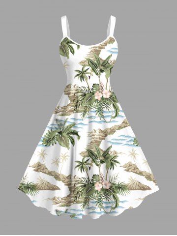 Plus Size Coconut Tree Flowers Leaf Tropical Print Hawaii Tank Dress - WHITE - XS