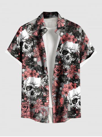 Plus Size Halloween Costume Skulls Rose Flowers Print Buttons Pocket Shirt For Men - DARK GRAY - 6XL