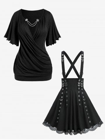 Lettuce Chains Embellished Blouson Tee and Grommet Strap Textured Crisscross Strappy Suspender A Line Skirt Plus Size Outfit - BLACK