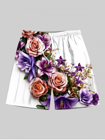 Plus Size Rose Flower Leaf Print Hawaii Drawstring Pocket Beach Shorts For Men - WHITE - 8XL