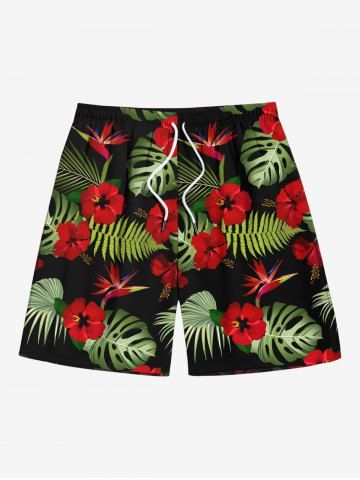 Plus Size Tropical Leaf Hibiscus Flower Print Hawaii Drawstring Pocket Beach Shorts For Men - BLACK - 5XL