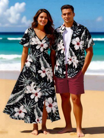 Flowers Tropical Leaf Print Plus Size Matching Hawaii Beach Outfit For Couples