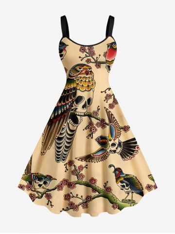 Plus Size Skull Bird Flower Branch Print Halloween Costume A Line Tank Dress - LIGHT COFFEE - 2X