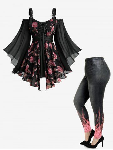 Rose Flower Print Lace Up Belted 2 in 1 Top and 3D Jeans Flame Graphic Leggings Plus Size Outfit - BLACK