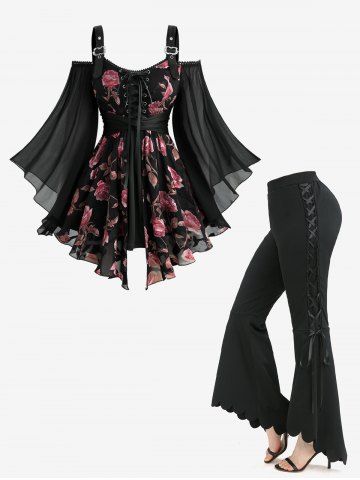 Rose Flower Printed Belted 2 in 1 Top and Lace Up Scalloped High Low Asymmetric Flare Pants Plus Size Outfit - BLACK