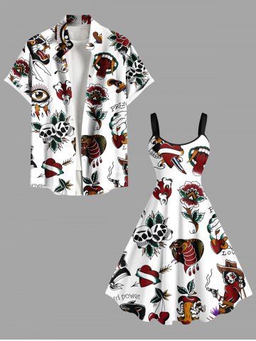 Skull Flower Heart Snake Cherry Print Plus Size Matching Outfit For Couples - WHITE