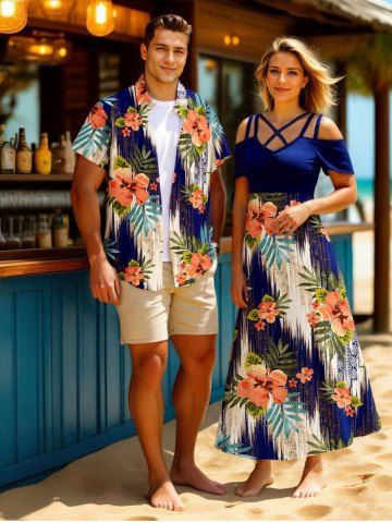 Tropical Leaf Hibiscus Flower Ethnic Print Plus Size Matching Hawaii Beach Outfit For Couples